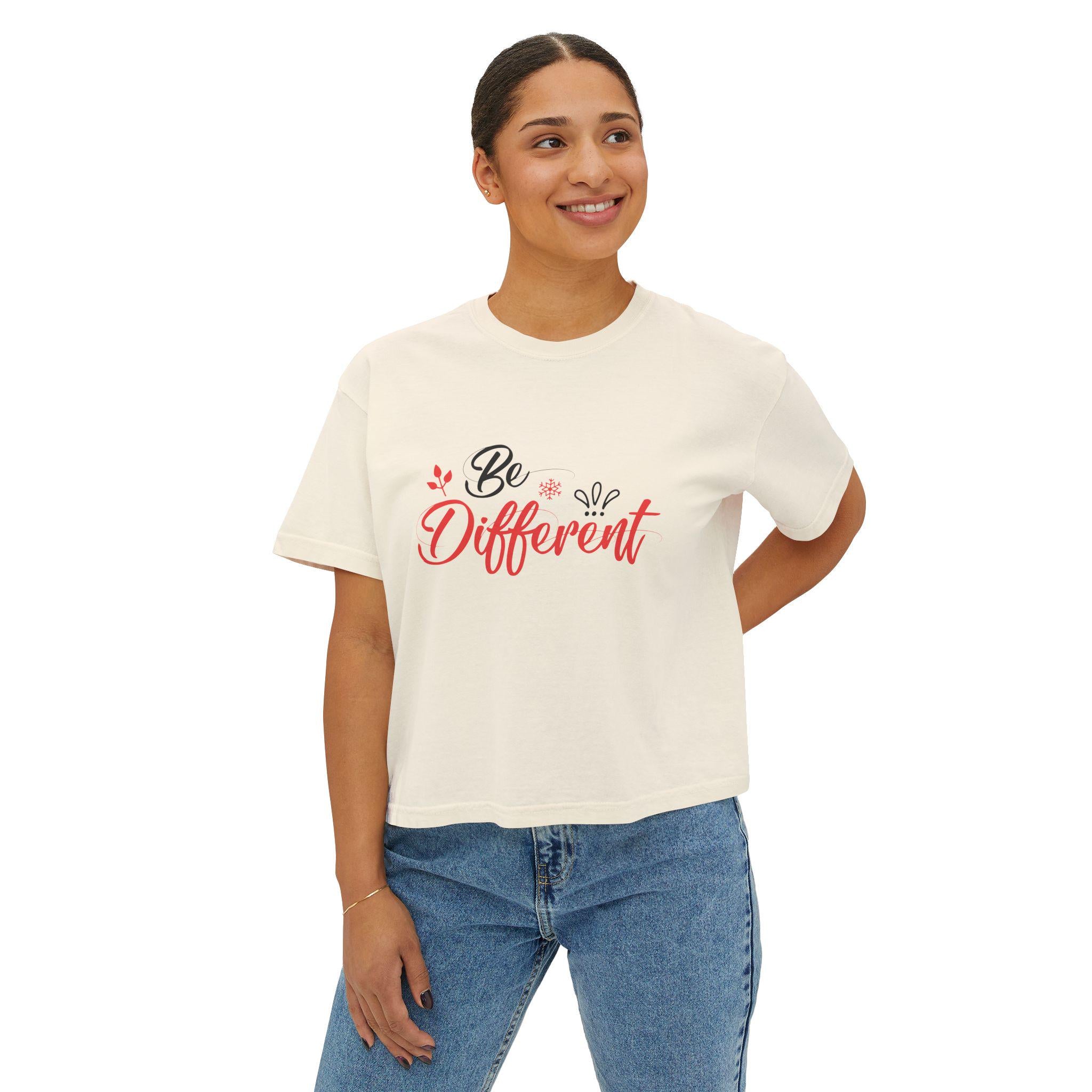 Be Different Coral Ink Print Boxy Crop Tee | Pigment-Dyed Cotton Shirt