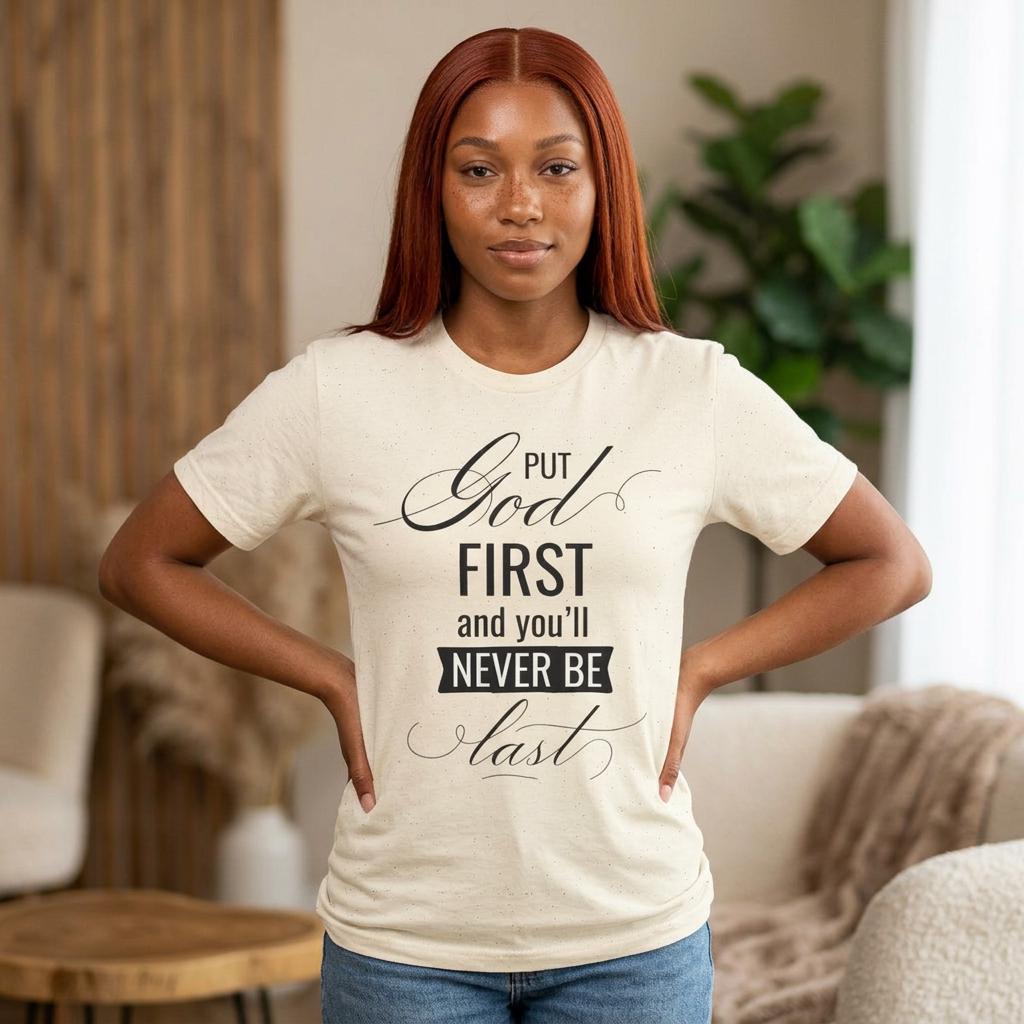 Put God First You'll Never Be Last Shirt | Christian Faith Graphic Tee | Gift