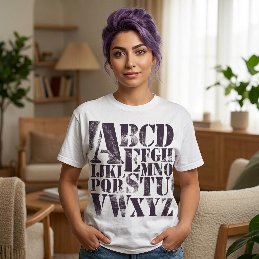 Vintage Alphabet Shirt ABC Graphic Tee Stencil Typography Teacher Gift