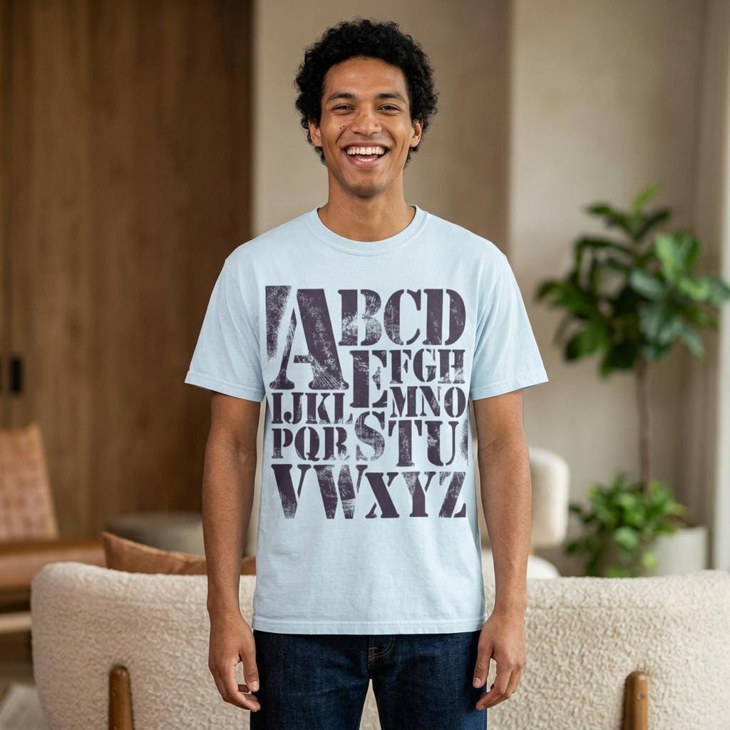 Vintage Alphabet Shirt ABC Graphic Tee Stencil Typography Teacher Gift