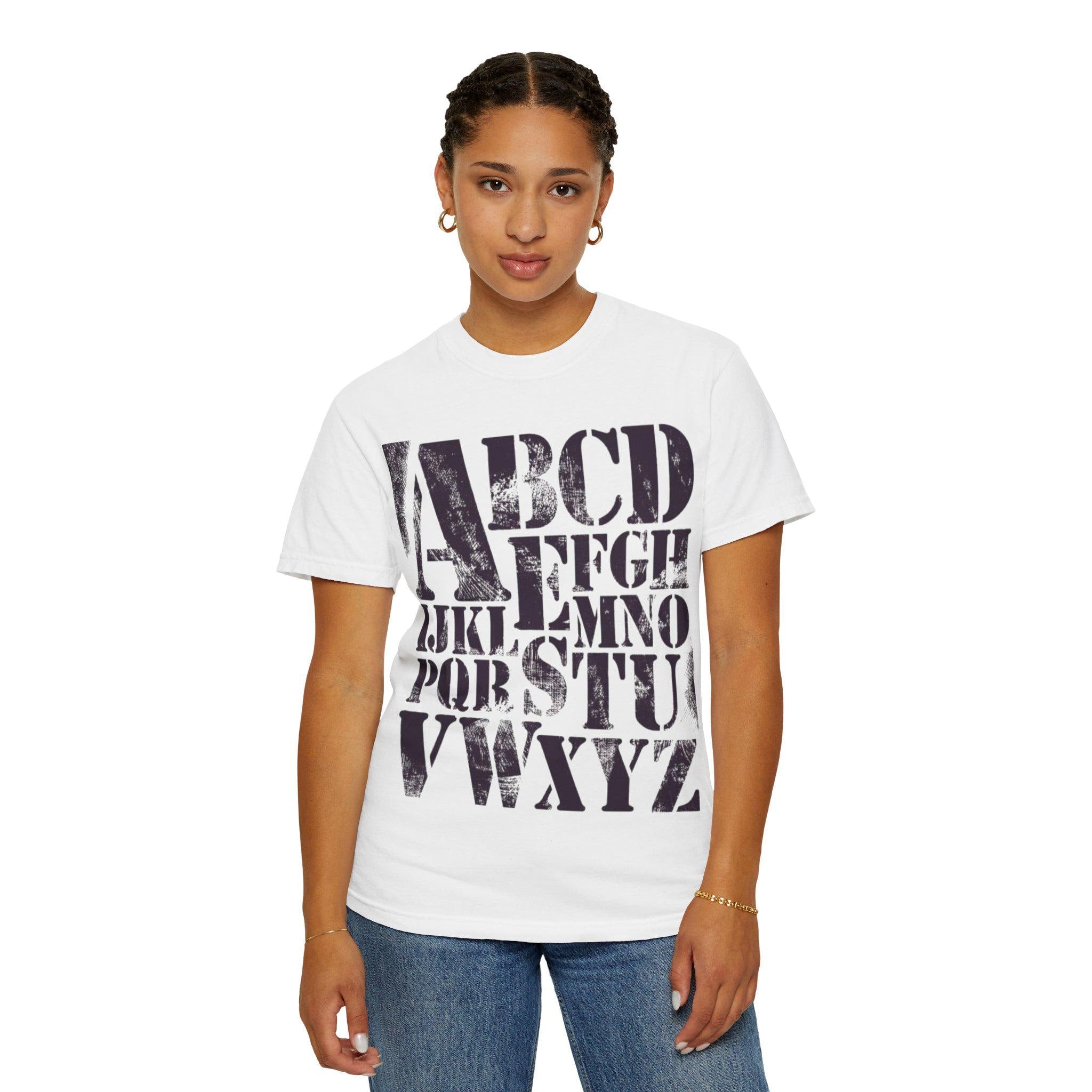 Vintage Alphabet Shirt ABC Graphic Tee Stencil Typography Teacher Gift