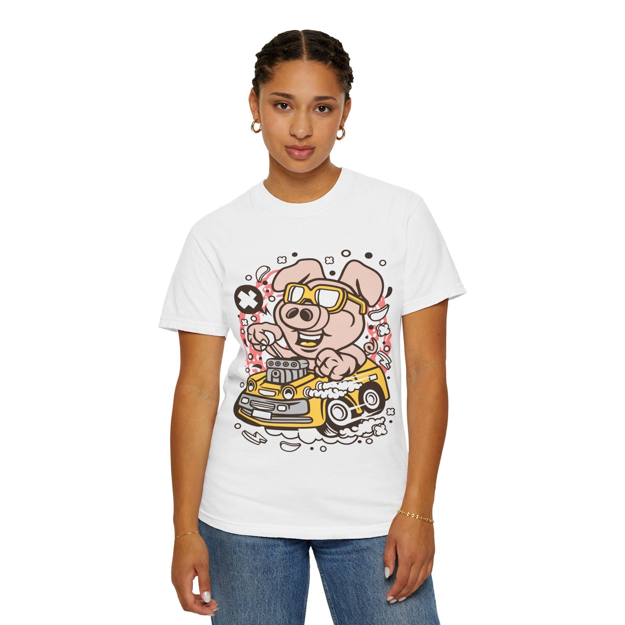 Funny Pig Driving Car Shirt | Cartoon Hot Rod Graphic Tee | Racing Gift | Unisex