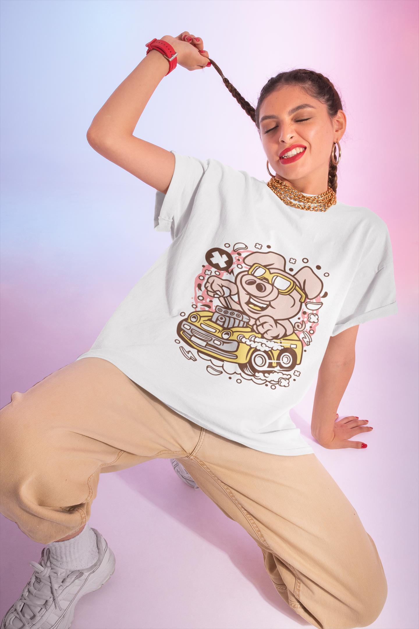 Funny Pig Driving Car Shirt | Cartoon Hot Rod Graphic Tee | Racing Gift | Unisex